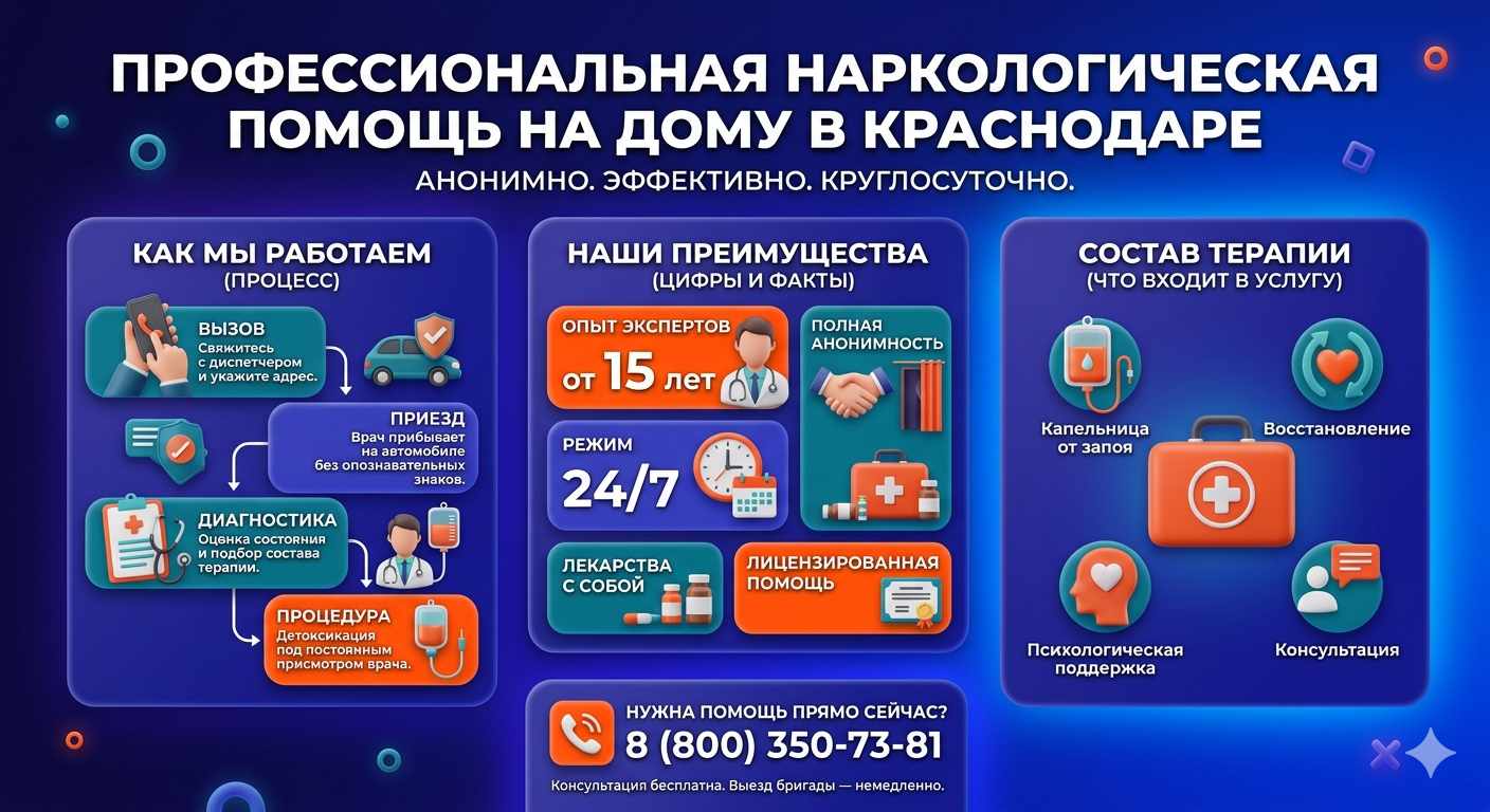 Инфографика о принципах лечения алкоголизма на дому в Сорске: этапы вызова нарколога, преимущества анонимной детоксикации и состав медицинской помощи.